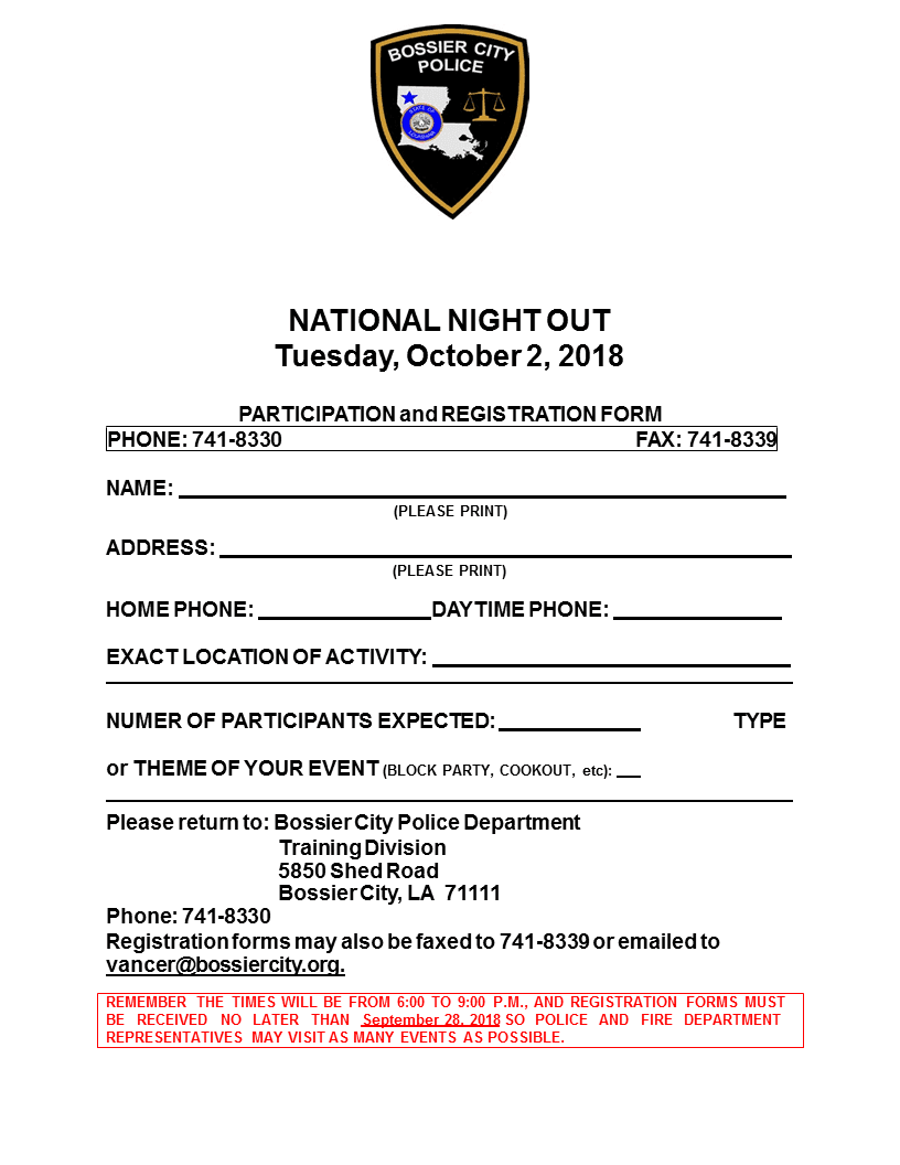 2018 Bossier City National Night Out Registration Form